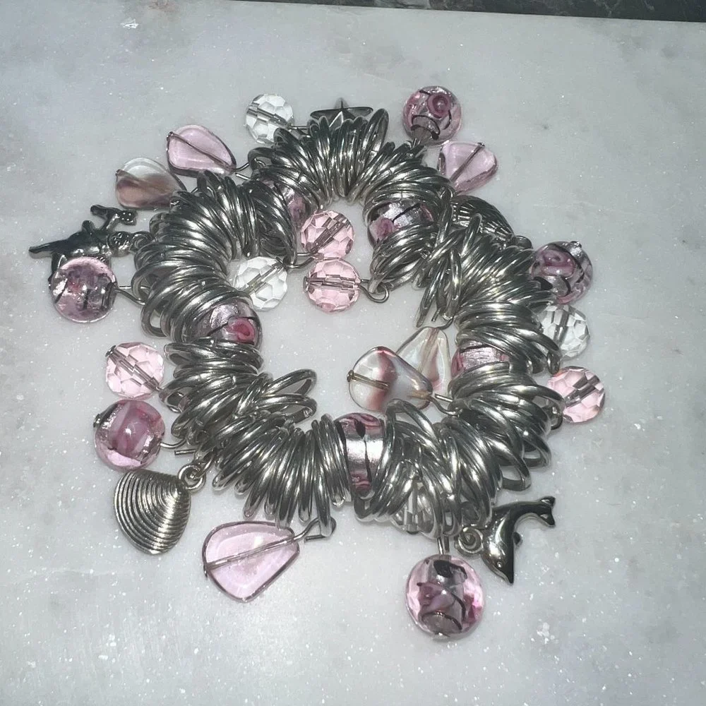 Boho Chunky Heavy Silver Murano Glass Charm Bracelet